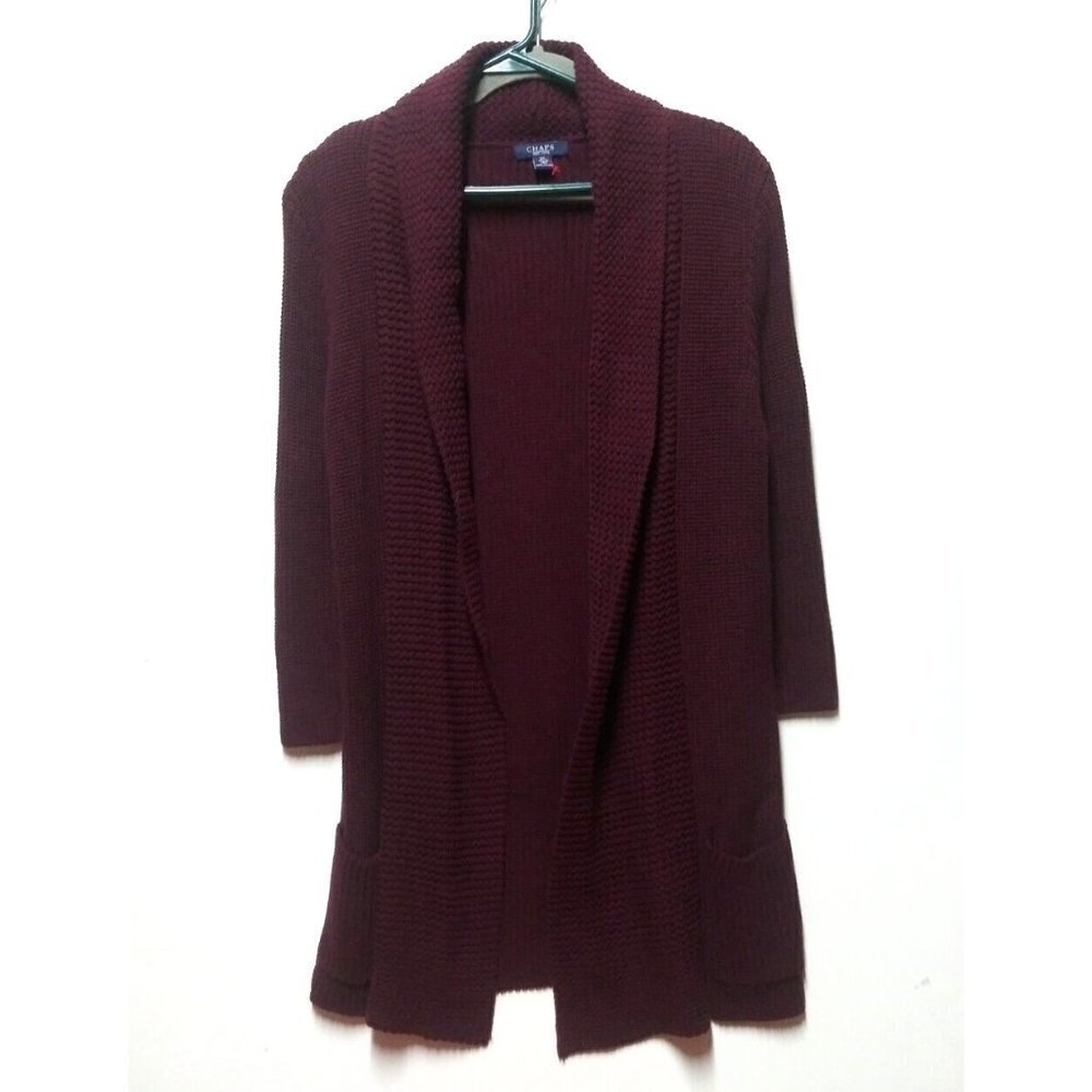 Chaps Womens Sweater Open Cardigan long XL Burgundy THICK long sleeve pockets